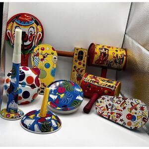 Lot of 10 Vintage Tin Litho Noise Party Maker Wood Handles USA New Yrs Eve Clown